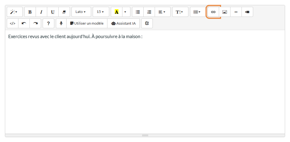 Icône de lien dans la barre d'outils de l'éditeur de texte
