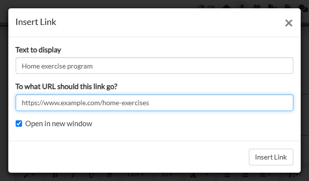 Insert Link window filled in with the text to display and the address of the page