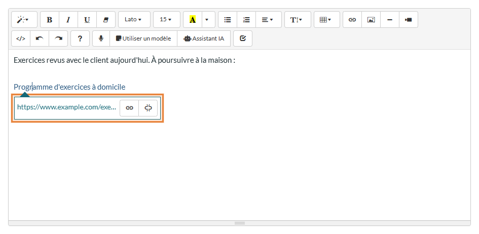 Bulle sous le lien avec son adresse et les boutons Edit et Unlink