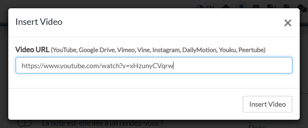 Fenêtre Insert Video avec une adresse YouTube dans le champ Video URL