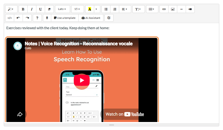 YouTube video player inserted in the text of a note