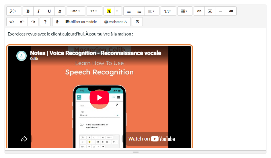 Lecteur vidéo YouTube inséré dans le texte d'une note