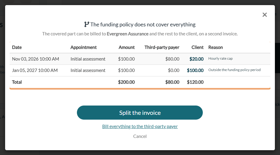 Split preview: amount, third-party payer part, client part and reason for each appointment