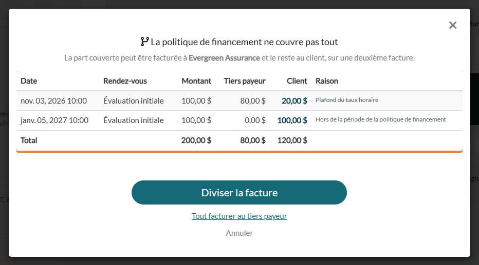 Aperçu de la division : montant, part du tiers payeur, part du client et raison pour chaque rendez-vous