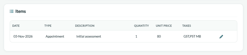 Line of the invoice to the payer: $80 for the appointment of November 3