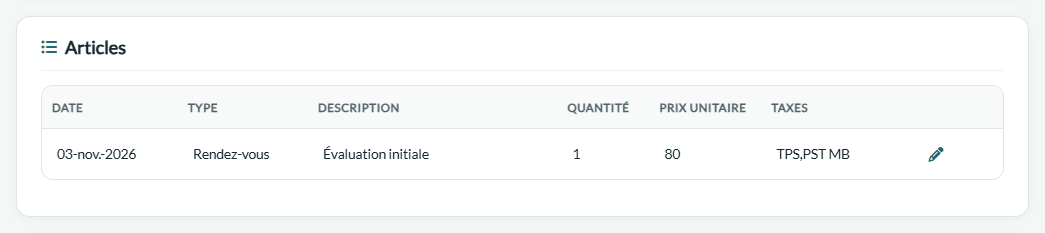Ligne de la facture au payeur : 80 $ pour le rendez-vous du 3 novembre