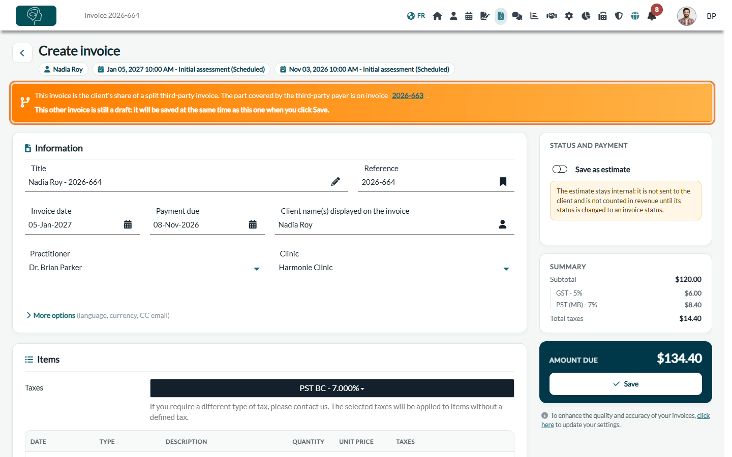 Invoice to the client with the banner linking to the invoice of the payer