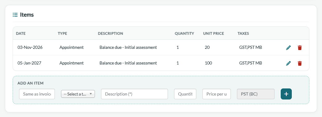 Lines of the invoice to the client: Balance due of $20 and $100