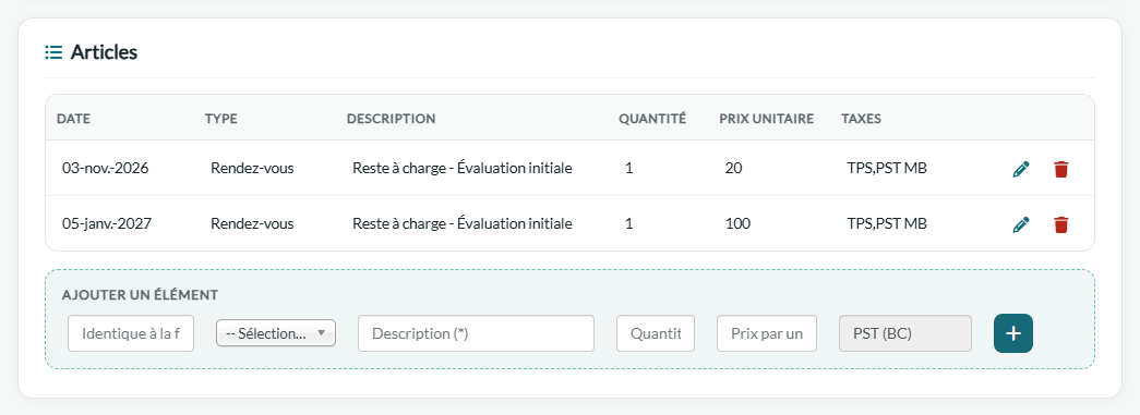 Lignes de la facture au client : reste à charge de 20 $ et de 100 $