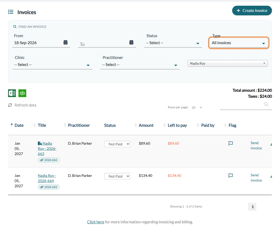 Invoice list with the Type filter and the link to the other invoice of the split