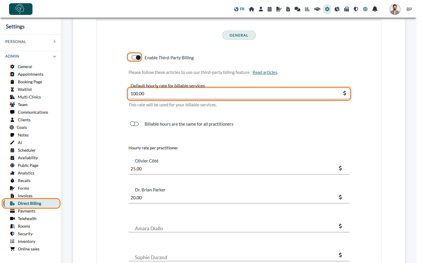 Enable Third-Party Billing toggle and default hourly rate in Settings > Direct Billing