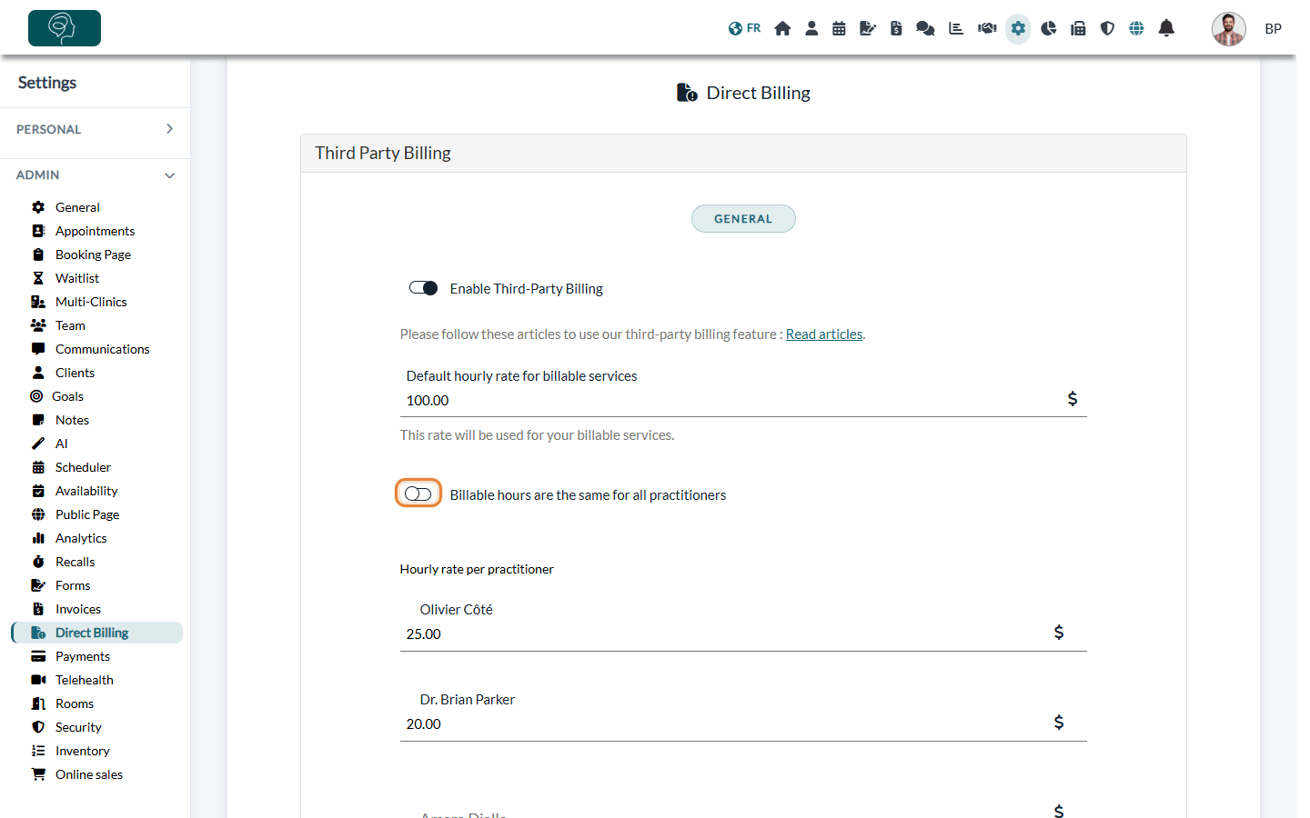 Hourly rate per practitioner list, shown when the toggle is off
