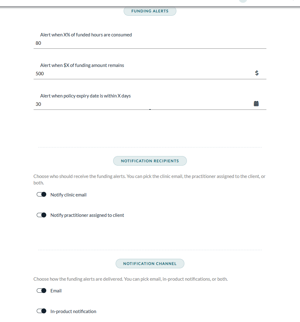 Funding Alerts, Notification recipients and Notification channel sections