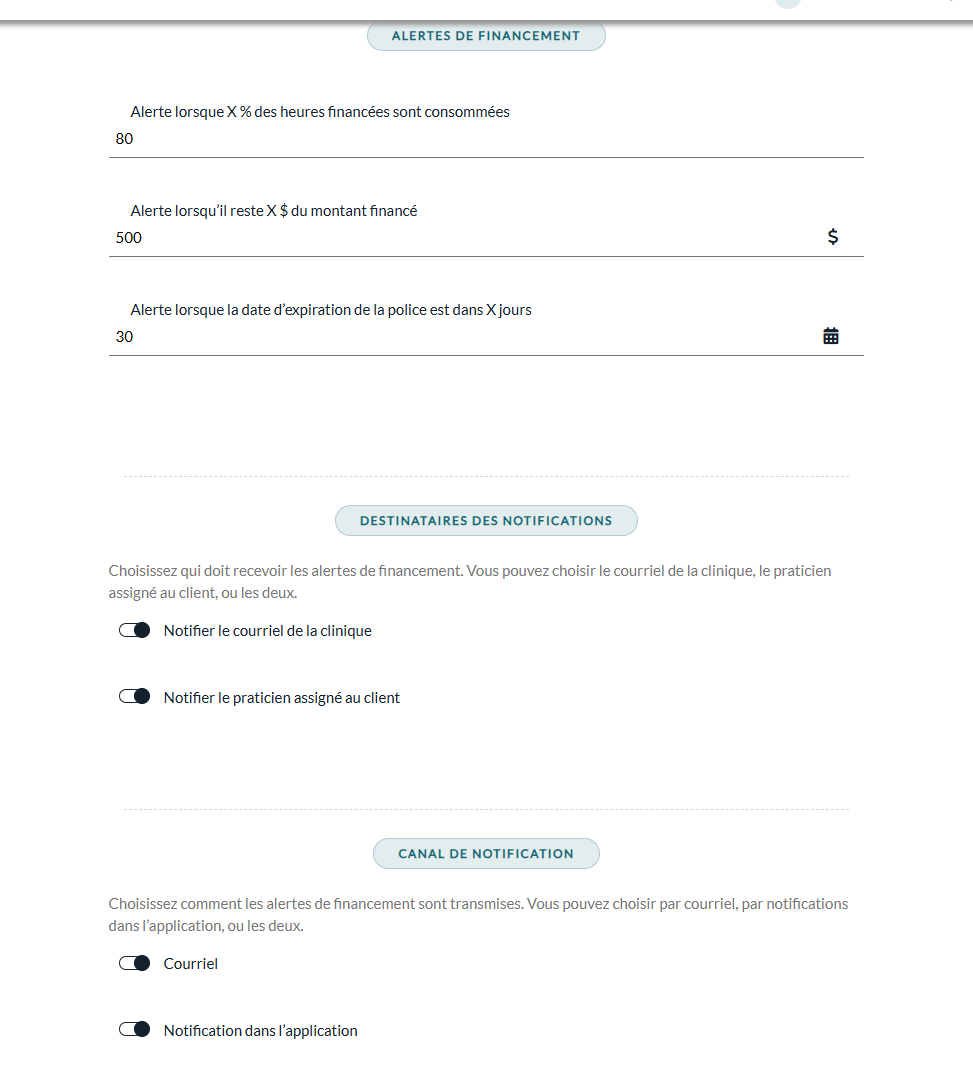 Sections Alertes de financement, Destinataires des notifications et Canal de notification
