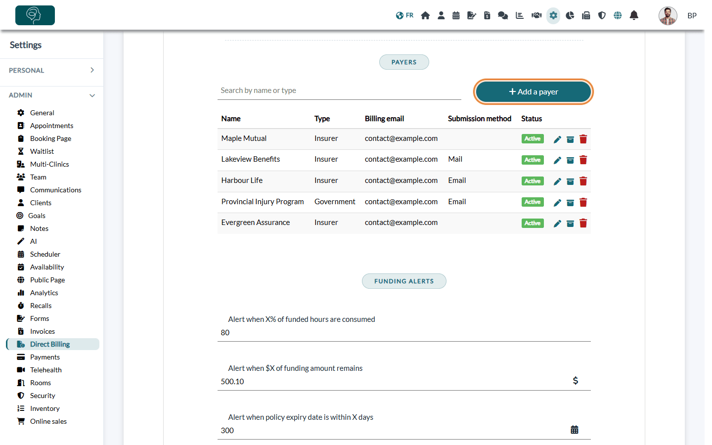 Payers section in Settings > Direct Billing, with the Add a payer button