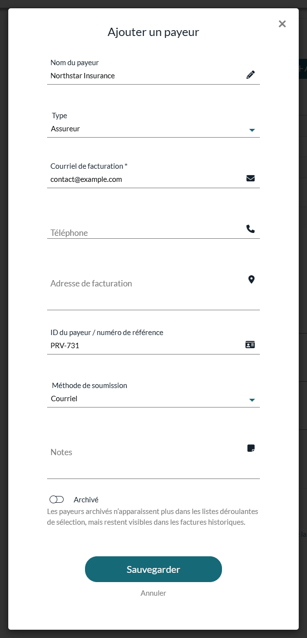 Fenêtre Ajouter un payeur remplie pour un assureur fictif