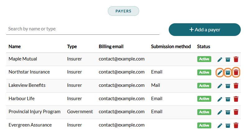 Payer list with the Edit, Archive and Delete icons