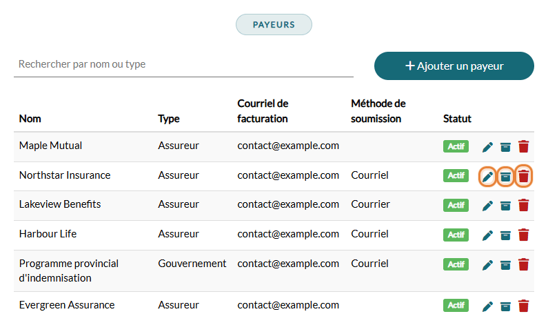 Liste des payeurs avec les icônes Éditer, Archiver et Supprimer