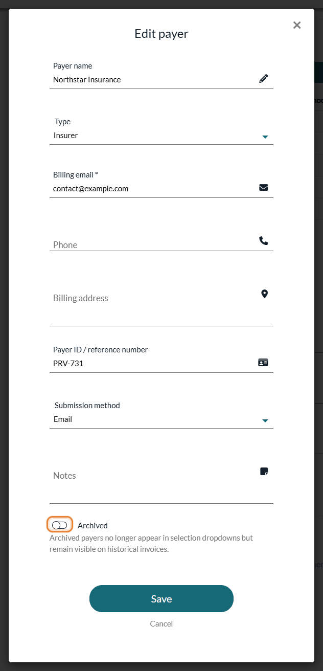 Edit payer window with the Archived toggle