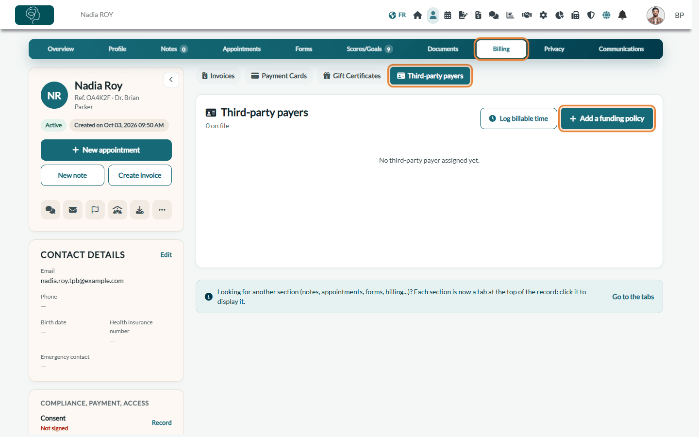 Third-party payers sub-tab of the Billing tab in a client record, with the Add a funding policy button