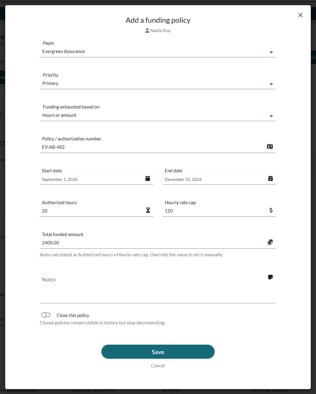 Add a funding policy window filled in with a fictional policy