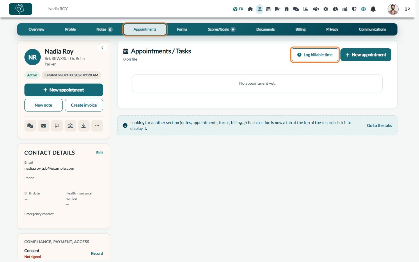 Log billable time button in the Appointments tab of a client record