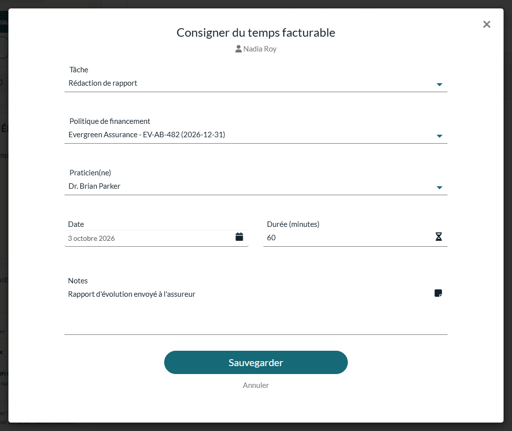 Fenêtre Consigner du temps facturable remplie