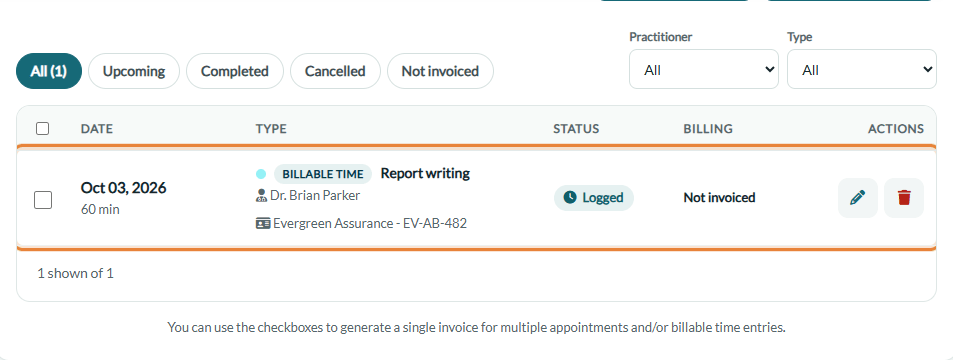 Billable time entry with the Logged status in the Appointments tab