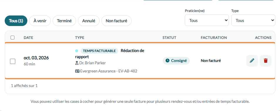 Entrée de temps facturable au statut Consigné dans l'onglet Rendez-vous