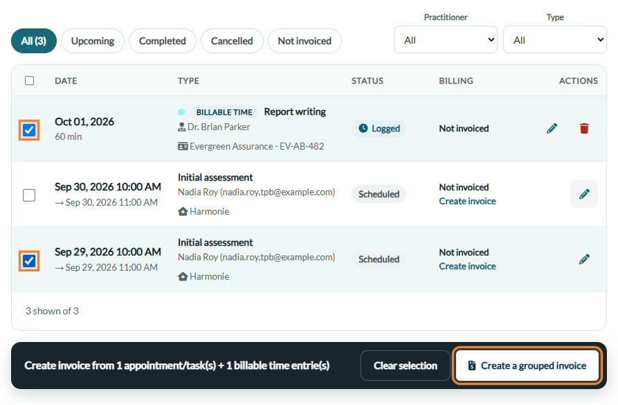 Billable time entry and appointment ticked, with the Create a grouped invoice button
