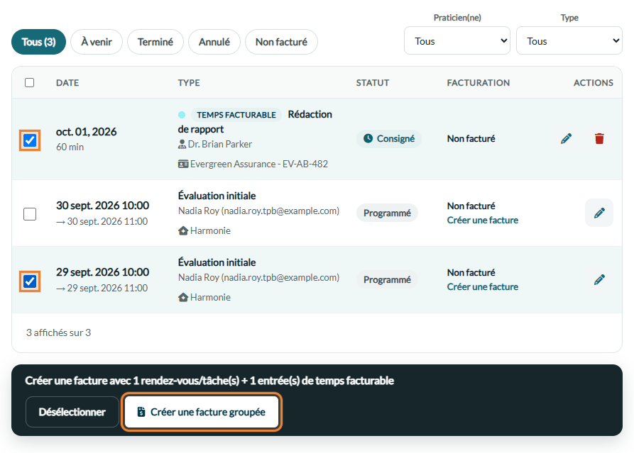 Entrée de temps facturable et rendez-vous cochés, avec le bouton Créer une facture groupée