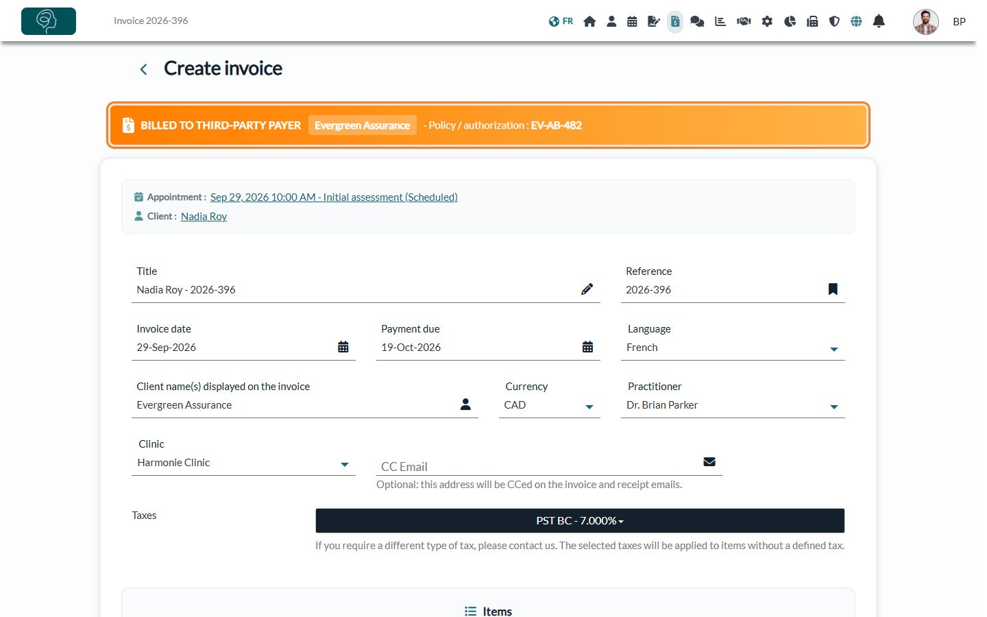 Invoice with the Billed to third-party payer banner