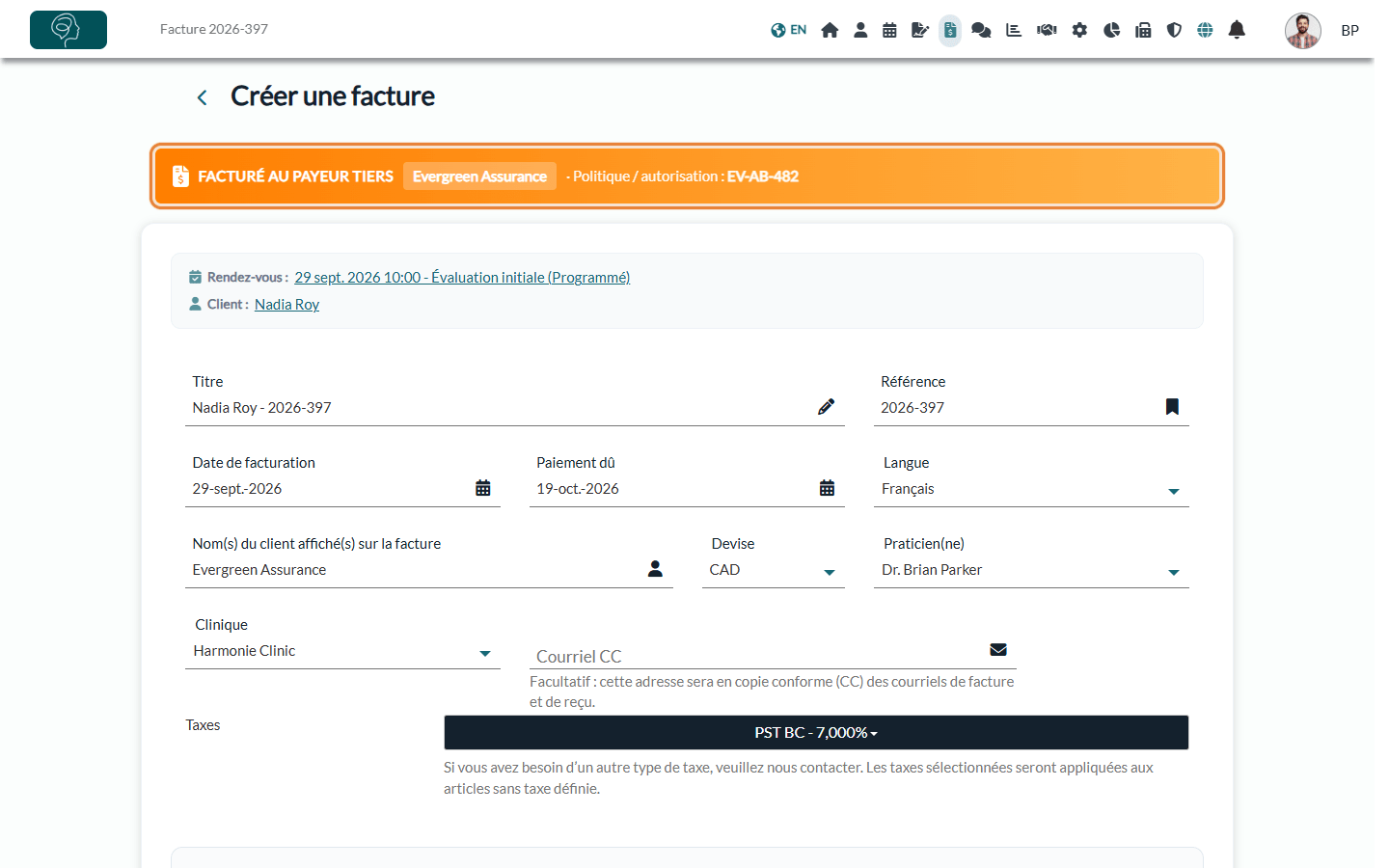 Facture avec le bandeau Facturé au payeur tiers