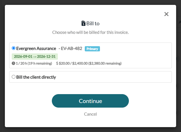 Bill to window with a funding policy and the Bill the client directly option