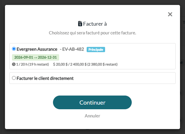 Fenêtre Facturer à avec une politique de financement et l'option Facturer le client directement