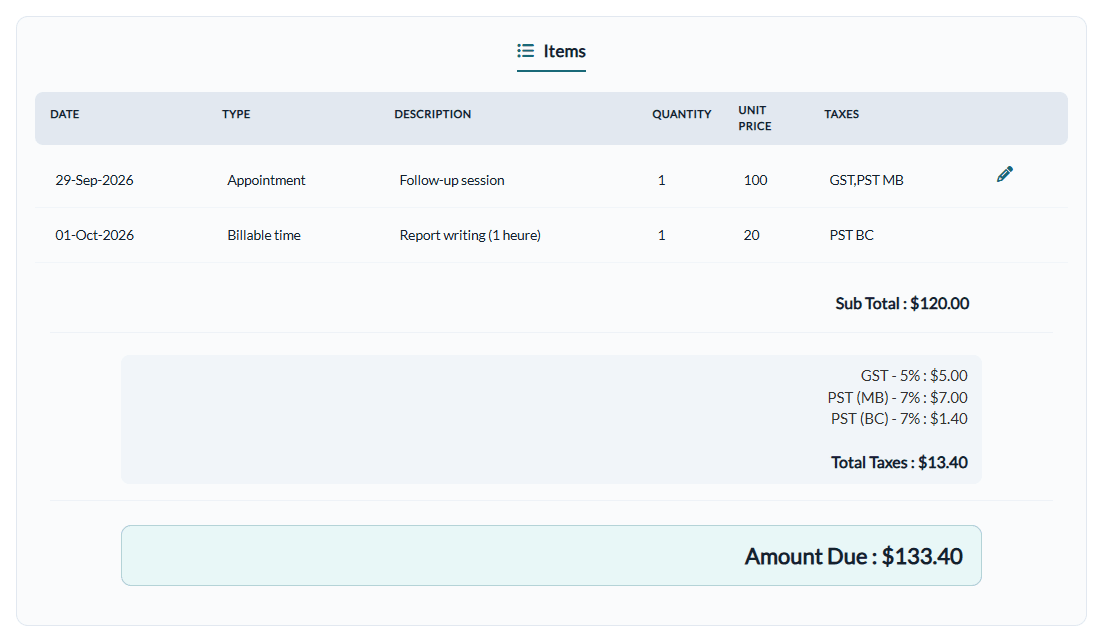 Items of an invoice billed to a payer: an appointment and a billable time entry