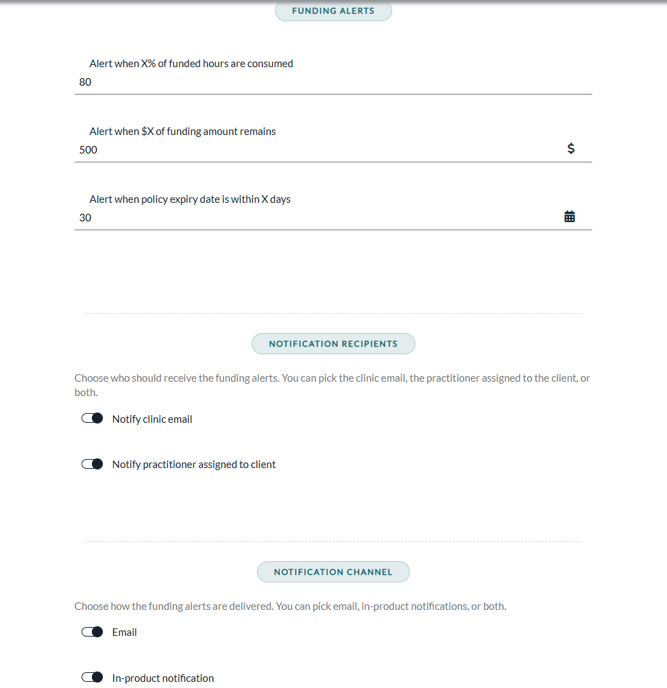 Funding Alerts, Notification recipients and Notification channel settings