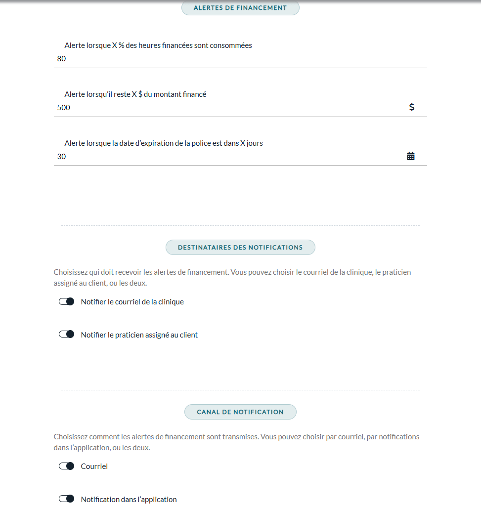 Réglages Alertes de financement, Destinataires des notifications et Canal de notification