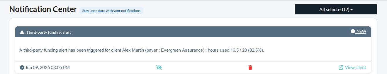 Third-party funding alert in the Notification Center (fictional client)