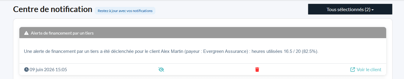 Alerte de financement par un tiers dans le Centre de notification (client fictif)