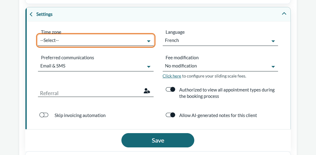 Time zone field in the Settings section of a client record