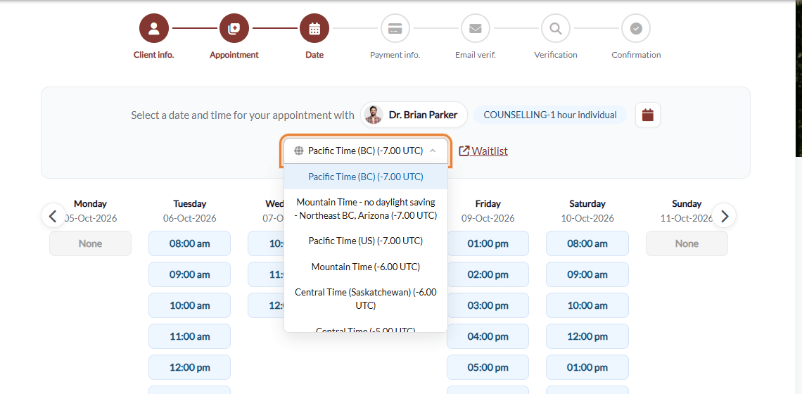 Time zone list on the date selection step of the booking page