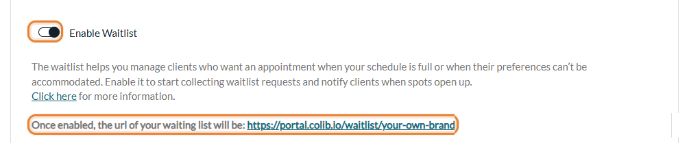 Enable Waitlist switch and address of the waitlist page in Settings > Waitlist