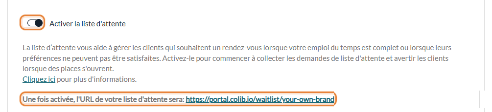 Interrupteur Activer la liste d'attente et adresse de la page de liste d'attente dans Réglages > Liste d'attente