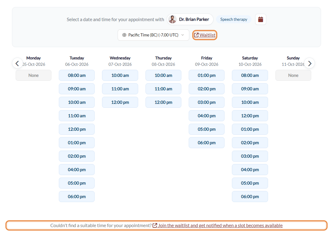 Waitlist links on the date and time step of the booking page