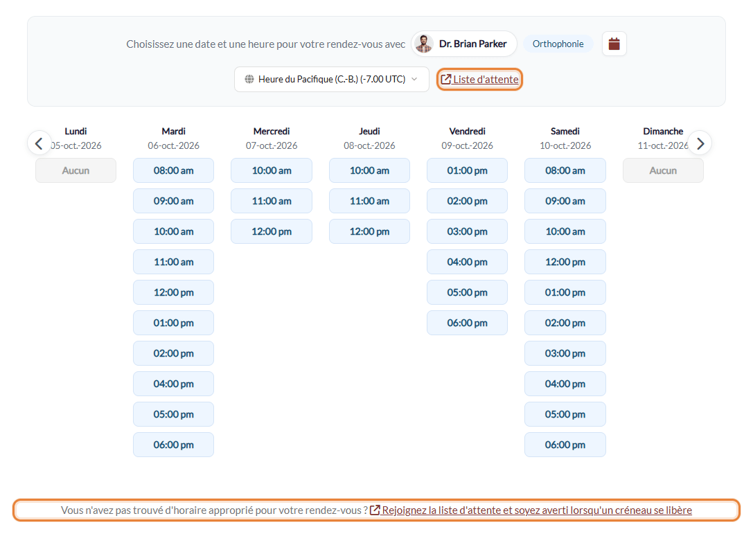 Liens vers la liste d'attente à l'étape de choix de la date et de l'heure de la page de réservation