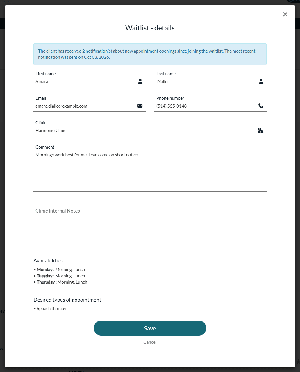 Waitlist - details window of a request