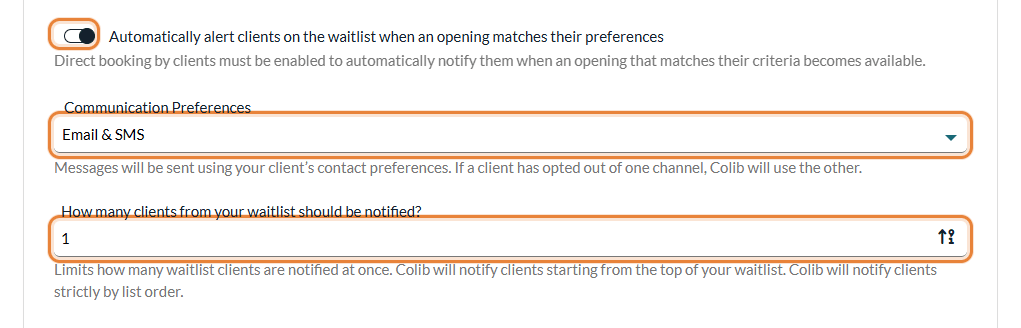 Automatic alert option, Communication Preferences and number of clients to notify in Settings > Waitlist