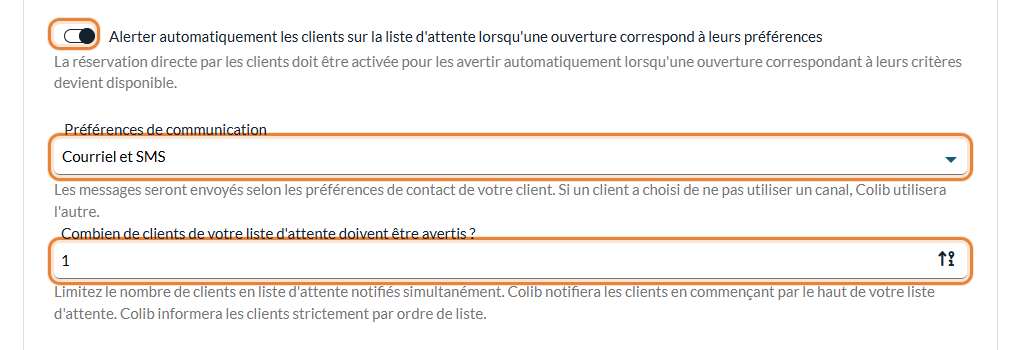 Option d'alerte automatique, préférences de communication et nombre de clients à avertir dans Réglages > Liste d'attente