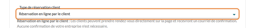 Type de réservation client réglé sur Réservation en ligne par le client dans Réglages > Réservations